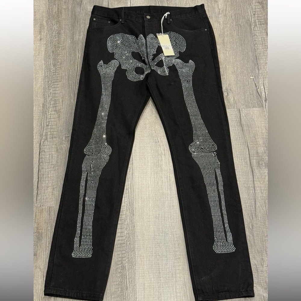 MNML Rhinestone Skeleton Jeans Black Denim Size 33